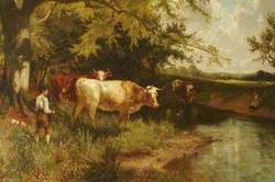 River Mole, Dorking with Cows and Two Figures, Son Robert and Daughter Margaret