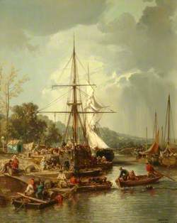 The Quay, Hennebont, France, with Boats and Figures