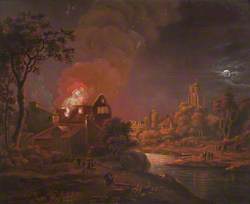 Moonlit River Landscape, House on Fire