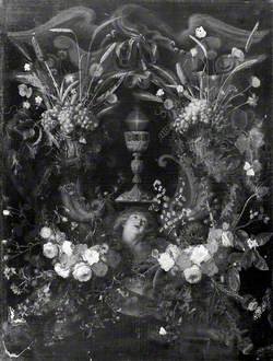 A Garland of Flowers Surrounding a Cartouche Containing an Angel's Head and the Holy Sacrament