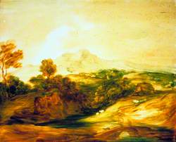Wooded River Landscape with Figures on a Bridge, a Cottage, Sheep and Distant Mountains