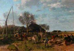 Farm Buildings with Figures, Sheep and Cattle