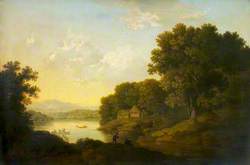 Lake Scene with a Boat and Anglers