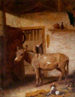 A Donkey and a Spaniel in a Stable