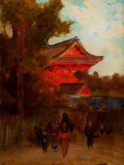 Japanese Scene with a Red Building
