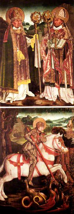 Saint Corbian and (possibly) Saint Adalbert (top panel); Saint George and the Dragon (bottom panel) (left wing of an altarpiece, exterior)