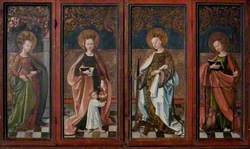 Saint Barbara (panel one), Saint Dorothy (panel two), Saint Catherine (panel three), and Saint Margaret (panel four)