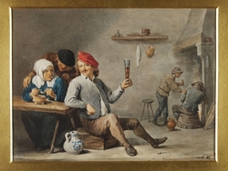 An Interior with a Man Holding Up a Glass and an Old Woman Lighting a Pipe
