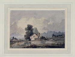 Landscape with pond and cottage