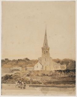 Landscape, with church beside a river