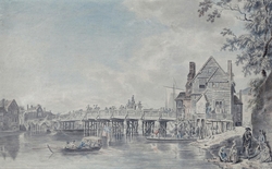 Old bridge at Windsor, coach and horsemen crossing, and a barge passing under
