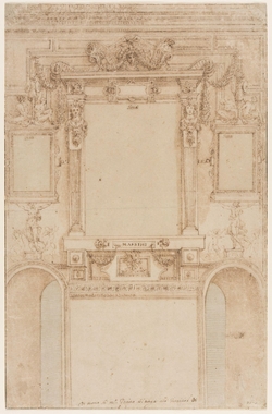Design for the decoration of a wall, with three framed panels, each inscribed 'Storia', above two arched doorway