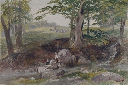 'The Bite', two boys fishing beside a brook