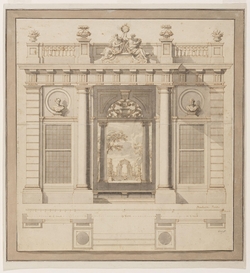 Design (plan and elevation) for a window seat in an architectural structure, perhaps a garden pavilion