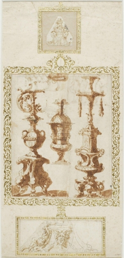 Three fragments of drawings mounted together on one sheet, each enclosed in a border of arabesques in gold