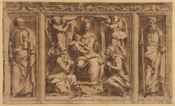 Design for three painted or sculptured panels in an ornamented frame: in the middle the Virgin and Child adorded by St Jerome and a king; to the left and right St Peter and St Paul