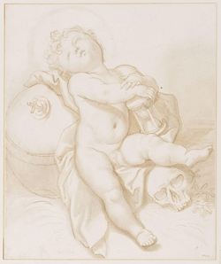 Memento mori: the Infant Christ asleep, learning against an orb, with His left foot resting on a death's-head and His hands on an hour glass