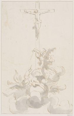 St Michael slaying the dragon at the foot of a crucifix