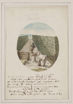 A Horse and Traveller on a Road Between Hedges