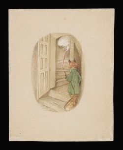 The fox following the stork up a staircase