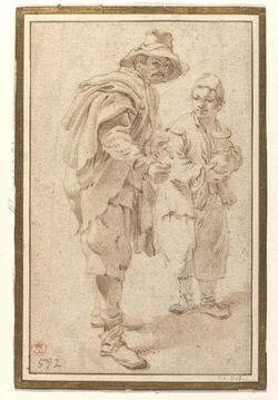 A Standing Man Gesturing with His Hands and a Boy Holding a Pot