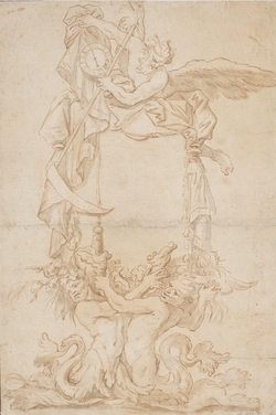 Ornamental design,  probably for a title page: a  figure of Time resting on a  cartouche held up by a pair  of tritons and holding a clock