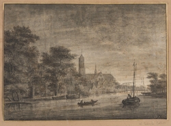 View of Loenen Aan de Vecht in evening, seen from the south, with the church of st Ludgerus beyond trees