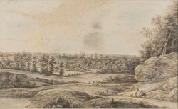 An Extensive Wooded Landscape with a Road with Travellers and Two Herdsmen with Their Animals