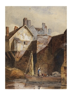 Canal scene with barge and houses in background