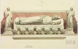 Effigy on the Monument to Doge Michiel Morosini  (1382) with pencil sketches of details of tomb in the  Church of SS Giovanni e Paolo, Venice.