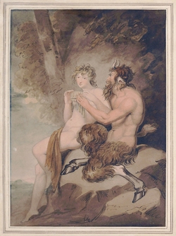 Pan teaching Apollo to play the pipes
