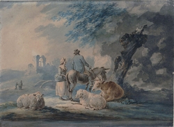 Landscape with figures, sheep, and a cow