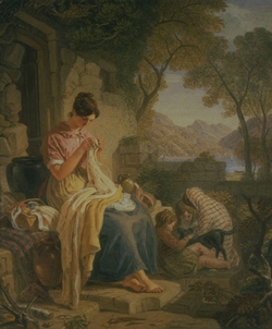 A Scottish peasant girl embroidering muslin at Luss, Loch Lomond