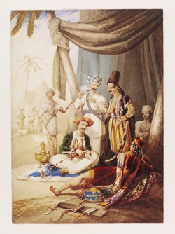A Group of Eastern Figures sitting and standing at the entrance to a Tent, with encampment in background