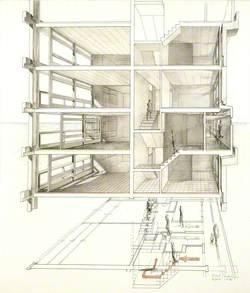 Design for Trellick Tower, Edenham Street, Kensington and Chelsea, London: Cut-away Perspective Showing Triple Approach