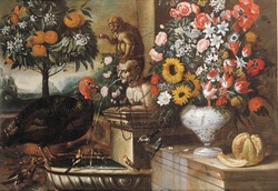 A Monkey, a Turkey and Other Birds around a Marble Fountain, with Flowers and Fruit