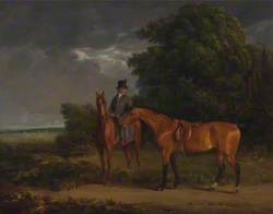 A Groom Mounted on a Chestnut Hunter, He Holds a Bay Hunter by the Reins