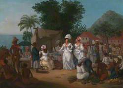 A Linen Market with a Linen Stall and Vegetable Seller in the West Indies