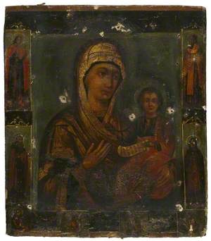 Icon of The Virgin Hodegetria surrounded by Saints with Scrolls