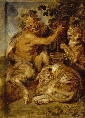A Satyr pressing Grapes with a Tiger and Leopard