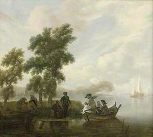 Lake Scene with a Fishing Party