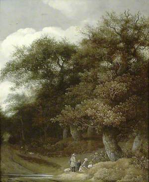 Wooded Landscape: Figures by a Ford