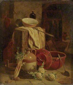 Still Life of Kitchen Utensils and Vegetables