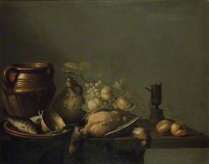 Still Life of Kitchen Utensils with Fruit and Game
