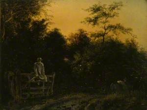 Landscape with a Track and a Man sitting on a Gate