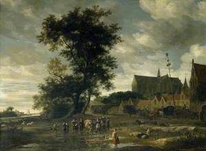 Scene before a Maypole with Alkmaar Church in the Background
