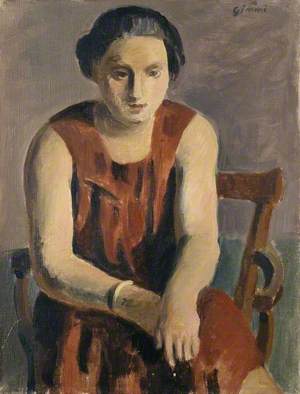 Seated Woman wearing a red Dress