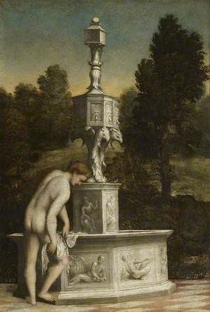 A young Man drying himself at a Fountain