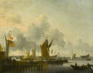 A Dutch Harbour with Numerous Figures, a Man of War Firing a Salute beyond