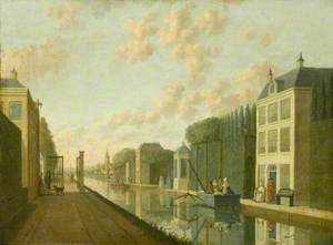 A Canal in a Dutch Town with Figures Fishing
